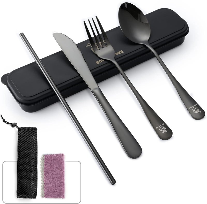 Boulder Bee | Travel Utensils Set | Reusable Camping Cutlery Set | Stainless Steel Flatware Set | Portable Silverware Set with Case | Includes Knife/Fork/Spoon/Straw/Cleaning Cloth/Case (Black) - Image 1